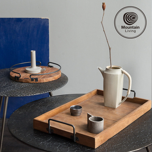 MountainLiving进口老柚木实木托盘圆形长方形茶盘工业风中古复古