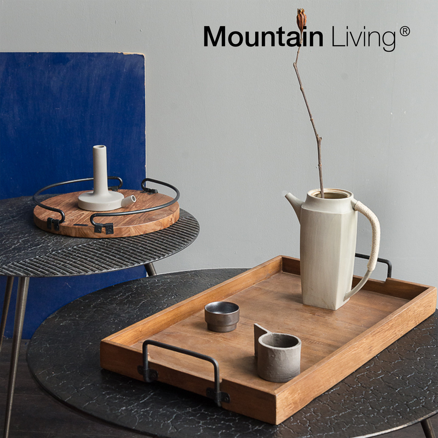MountainLiving进口老柚木实木托盘圆形长方形茶盘工业风中古复古