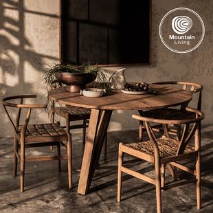 MountainLiving进口老柚木家具纯实木餐桌复古中古圆桌子家庭家用