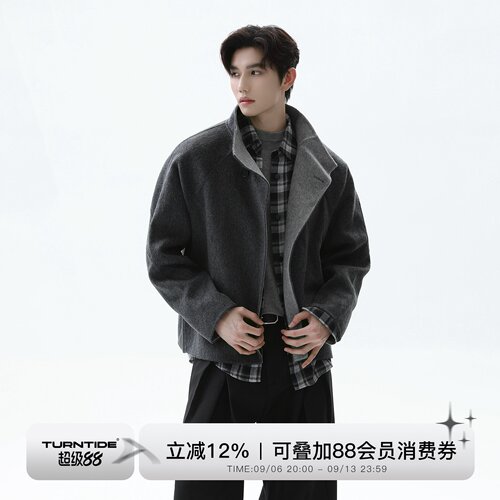 TURNTIDE 100%羊毛短款大衣 冬季保暖双面穿毛呢夹克翻领外套