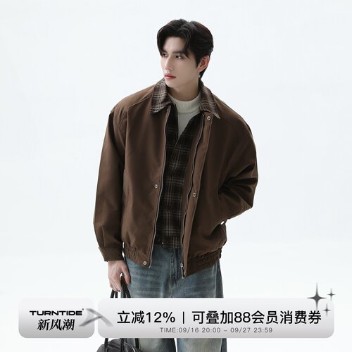 TURNTIDE 美式复古假两件格纹翻领夹克宽松百搭cleanfit外套秋冬