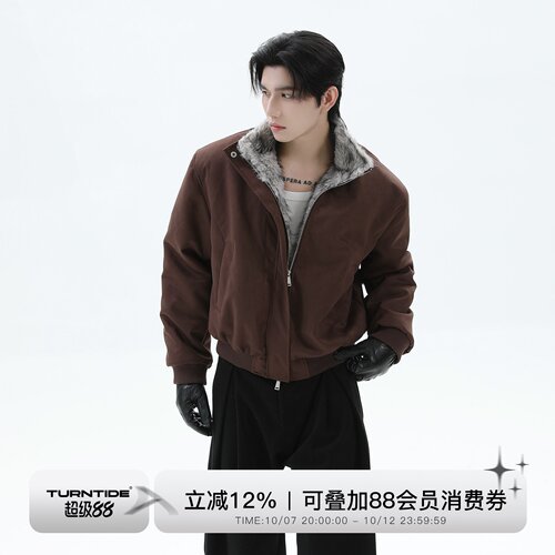 TURNTIDE 美式复古座山雕毛领棉服男加绒宽松短款棉衣bomber外套