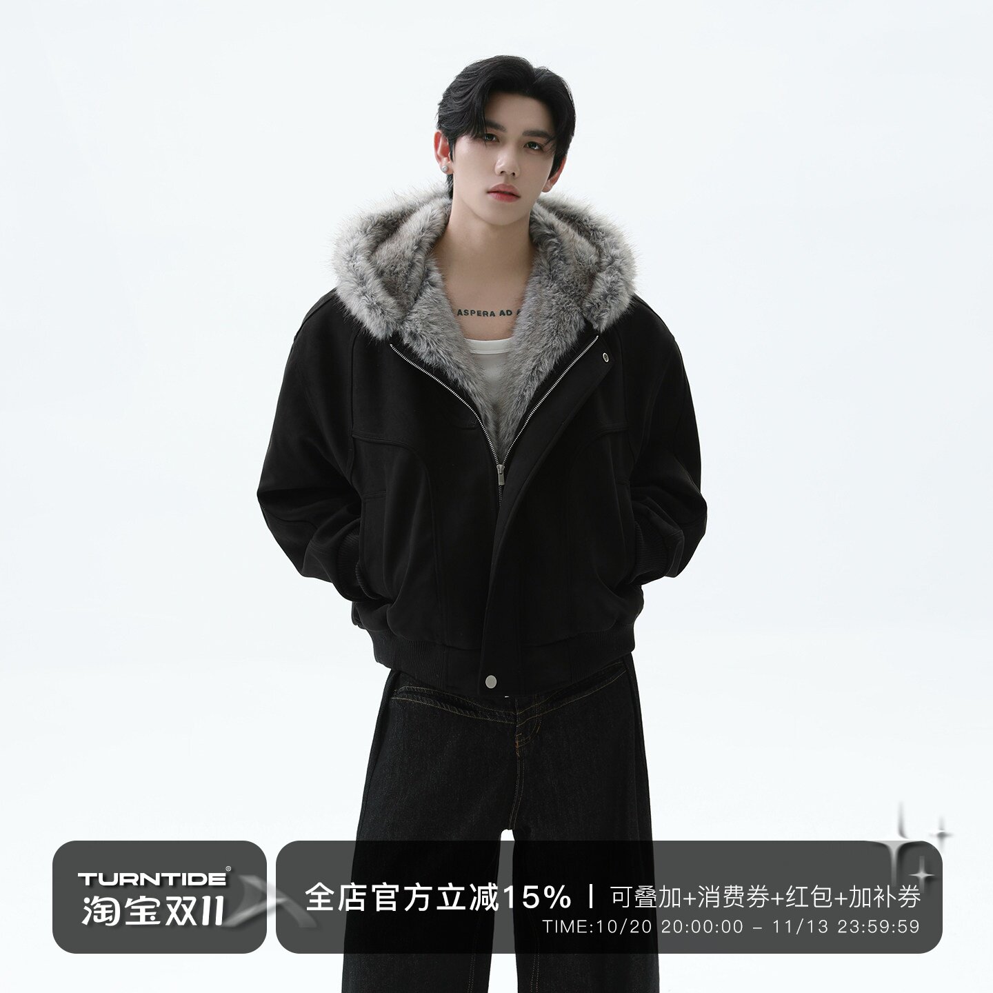 TURNTIDE「雪域狼王 一件过冬」哈灵顿毛领连帽棉服厚座山雕夹克
