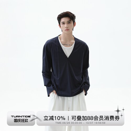 TURNTIDE简约V领廓形长袖T恤cleanfit男宽松休闲松弛通勤百搭上衣