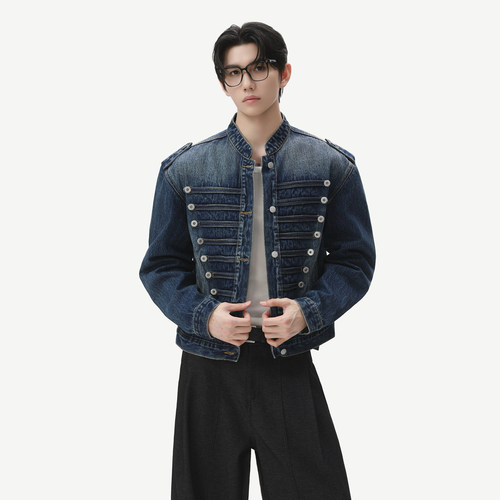 TURNTIDE 14盎丝重工水洗排骨扣拿破仑牛仔外套廓形短款立领夹克