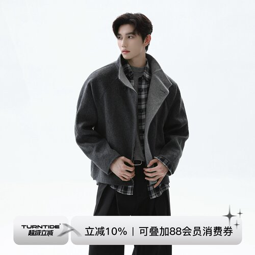 TURNTIDE 100%羊毛短款大衣 冬季保暖双面穿毛呢夹克翻领外套