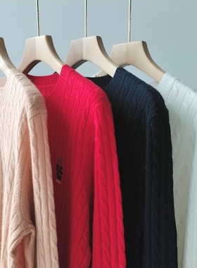 RL圆领麻花针织刺绣小熊羊绒衫SML