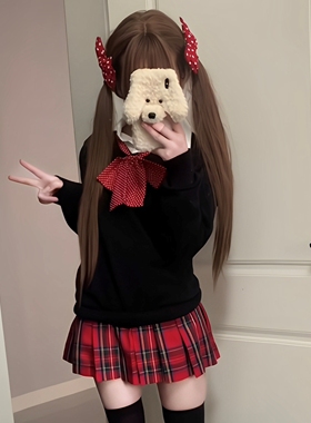 原创正版小辣椒jk制服红色格裙女春秋日系学院风半身百褶短裙套装