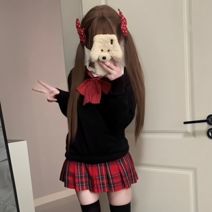 原创正版 小辣椒jk制服红色格裙女春秋日系学院风半身百褶短裙套装