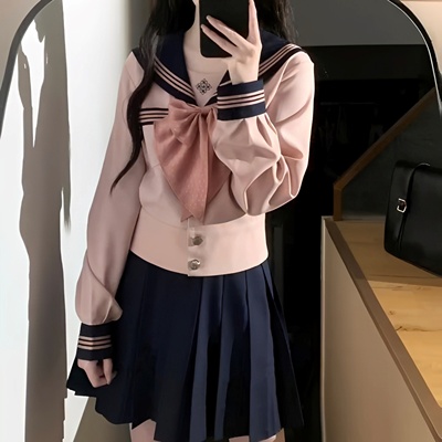 JK制服套装原创正版萌系粉色水手服日系学院风收腰长袖百褶裙女秋