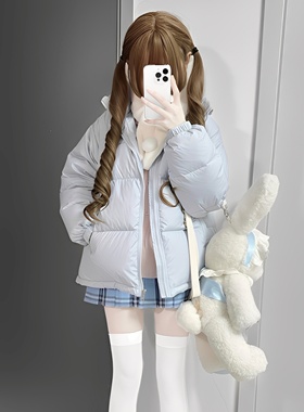 冬季2025新爆款奶蓝色羽绒棉服女学院风小个子棉衣袄宽松加厚外套
