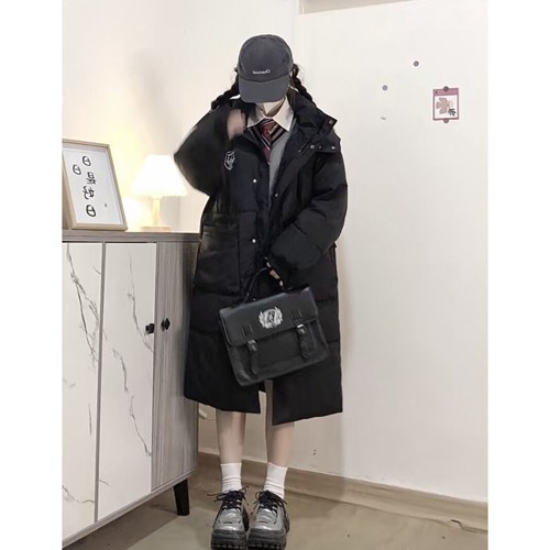 jk制服小个子黑色中长款棉服外套