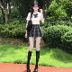 女夏季 学院风辣妹修身 短袖 狗短jk制服收腰白色衬衫 衬衣格裙套装