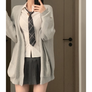 早秋日系JK制服V领针织开衫 宽松百搭外套女 学院风纯灰色毛衣长袖