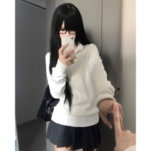 春秋JK制服针织衫 上衣外套 白色毛衣女日系学院风纯色V领套头长袖