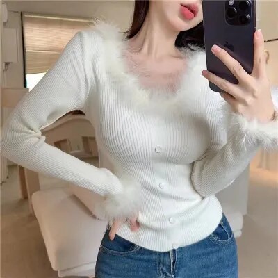 小众设计感袖口拼接羽毛毛衣女气毛针织衫