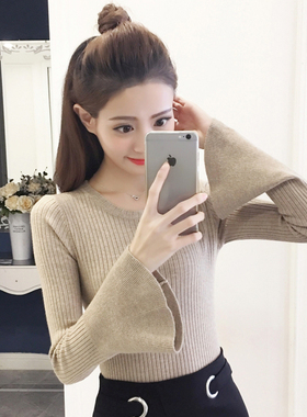 实拍圆领长袖套头毛衣上衣2017秋冬装新款学院风喇叭袖针织衫女