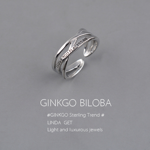 925纯银英文字母多层线条泰银戒指女做旧复古个性开口戒ins潮刻字