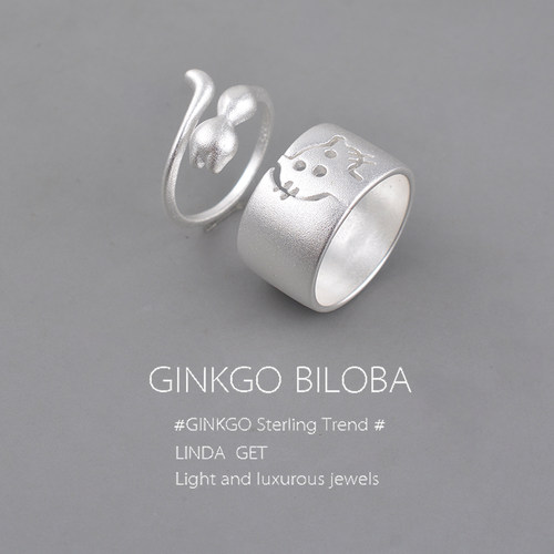 925纯银哑光猫咪戒指女冷淡风小众高级指环可爱搞怪食指戒ins刻字