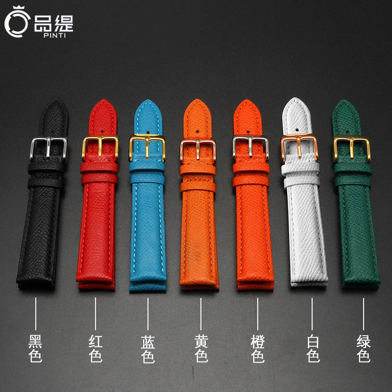 女士表带真皮防水绿红蓝白黄橙色代用天梭卡西欧萧邦手表带12mm15