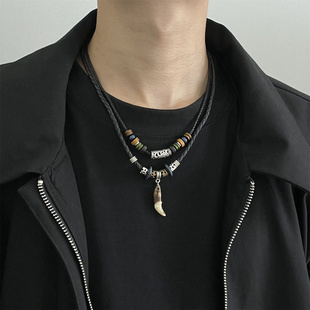 名族风狼牙项链男潮小众设计感复古串珠男士锁骨链嘻哈男生配饰品