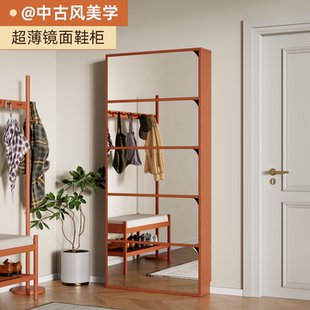 中古风玄关落地式靠墙超薄镜面一体式翻斗鞋柜大容量收纳柜可定制