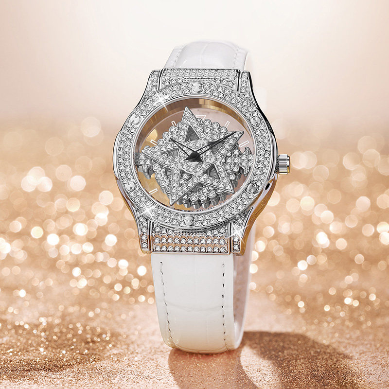 雪花女神手表女满天星新款轻奢小众瑞士进口女表皮带方形镂空防水