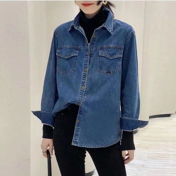 秋冬叠穿新款牛仔衬衣女宽松打底复古长袖叠穿衬衫外套百搭上衣女