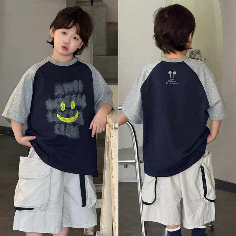 童乐鱼童装26夏季新款男童女童笑脸拼接街舞T恤儿童短袖上衣96165