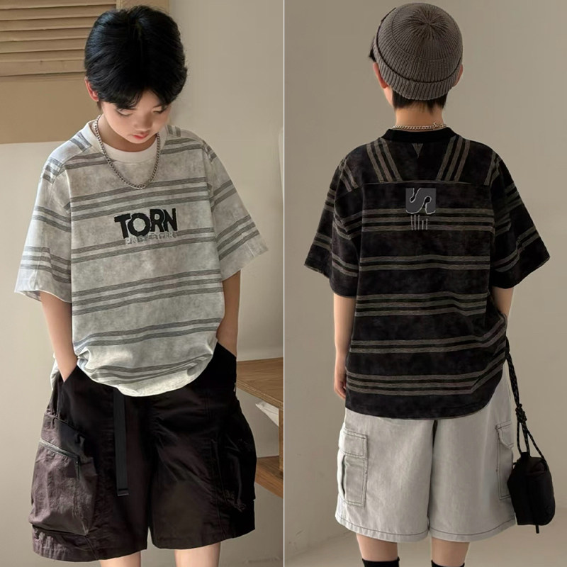 大E小e童装2026夏季新款男童女童条纹短袖T恤儿童凉感薄上衣90036