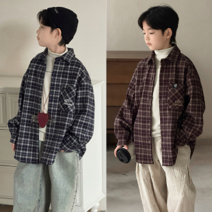 大E小e童装25冬新款男童女童磨毛一体绒儿童格子加绒衬衫外套2832