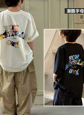 童乐鱼童装夏季装新款童装男童女童纯棉短袖T恤儿童字母上衣99200