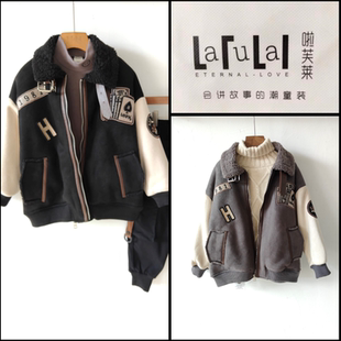 啦芙莱童装冬季男童麂皮羊羔绒皮毛一体拼接儿童绣标外套2993