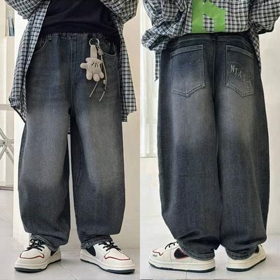 大E小e中大童挂件阔腿老爹牛仔裤