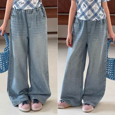 阳光爱橦女满天星烫钻直筒牛仔裤