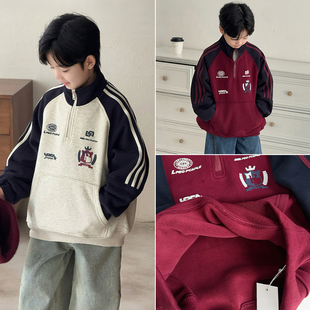 大E小e童装25冬新款男童女童立领一体绒杠边运动加绒儿童卫衣2826