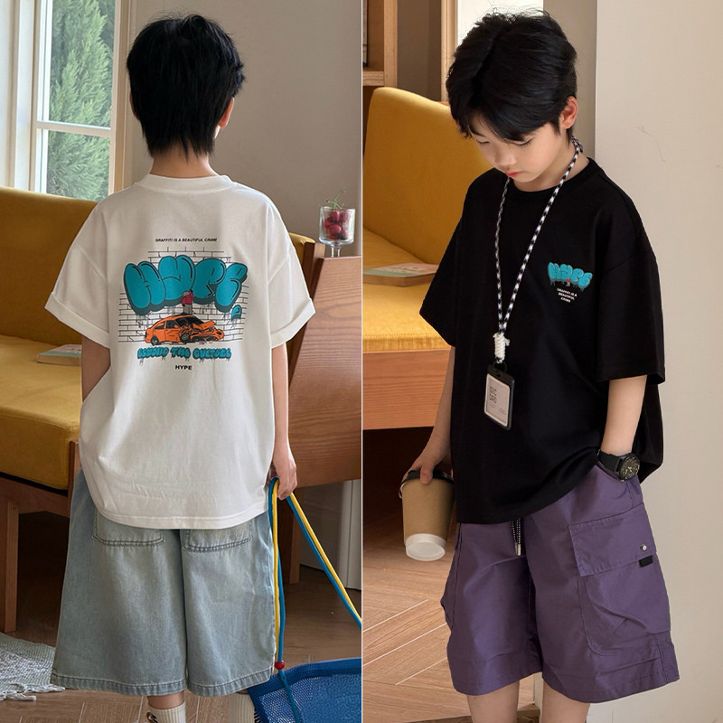 大E小e童装26夏季新款男童女童休闲宽松时尚短袖儿童T恤上衣5670