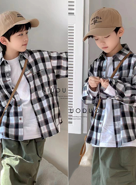 牛哆哆童装春秋装新款男童女童翻领韩范格子衬衫儿童上衣潮36950