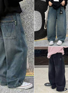 爱木橦童装25秋装新款男童女童酷帅刺绣直筒牛仔裤儿童长裤子7737