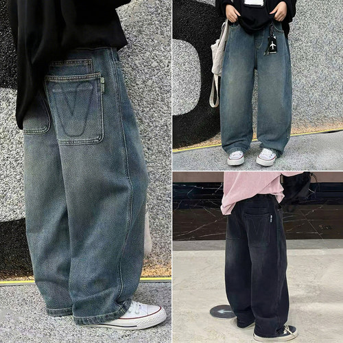 爱木橦男女童酷帅刺绣直筒牛仔裤