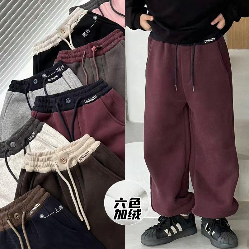 小智同学童装冬新款男童女童拼接潮酷一体绒加绒束脚运动裤9078