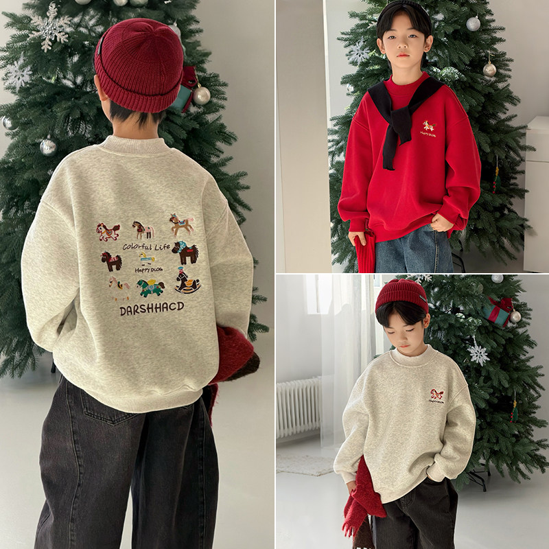 大E小e童装2025冬季新款男童女童一体绒长袖儿童年货加绒卫衣3786