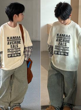 大E小e童装2026春季新款男童女童假两件字母卫衣T恤儿童长袖26025