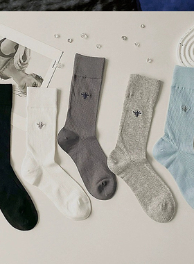 YouSocks网红小众春夏蜜蜂刺绣袜子女复古中筒灰色棉袜薄透棉袜子