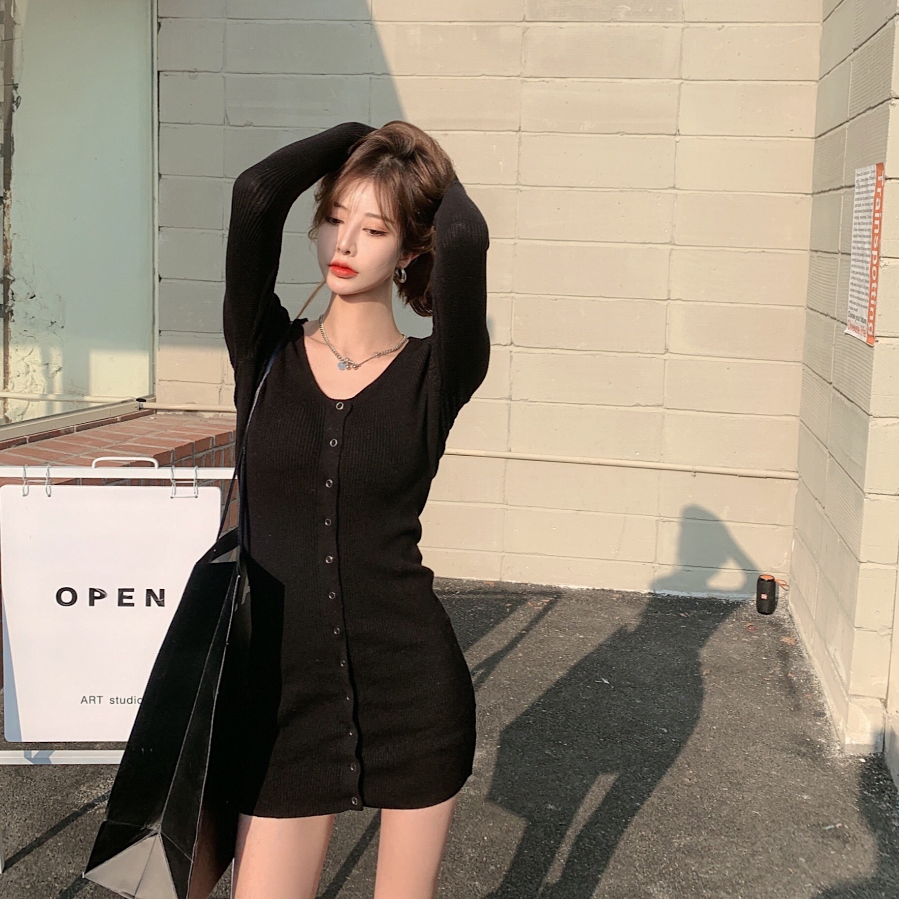 Real price Korean slim stretch knitted breasted dress