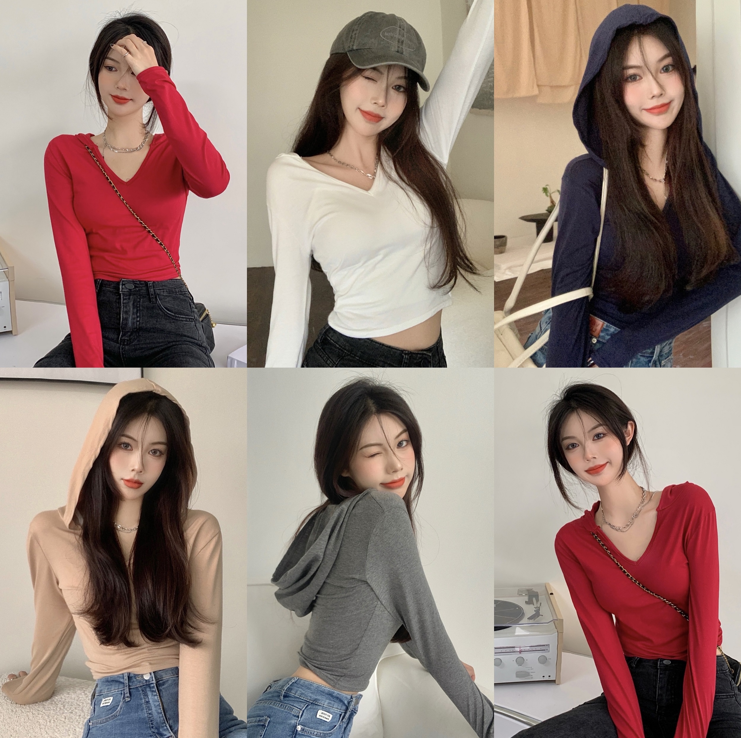 Early spring new versatile age reducing basic slim hooded T-shirt