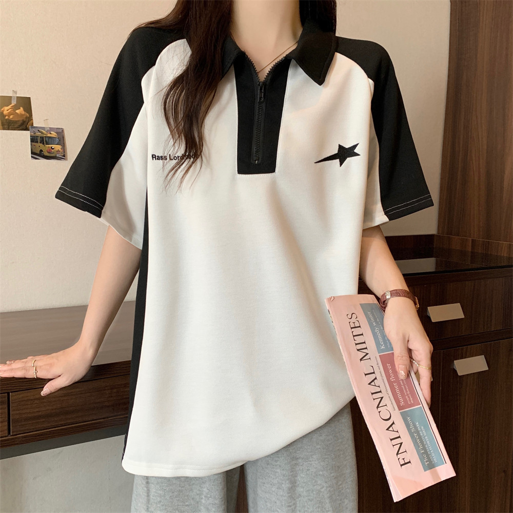 2026年夏季休闲上衣撞色拼接翻领短袖POLO衫T恤女拉链宽松刺绣