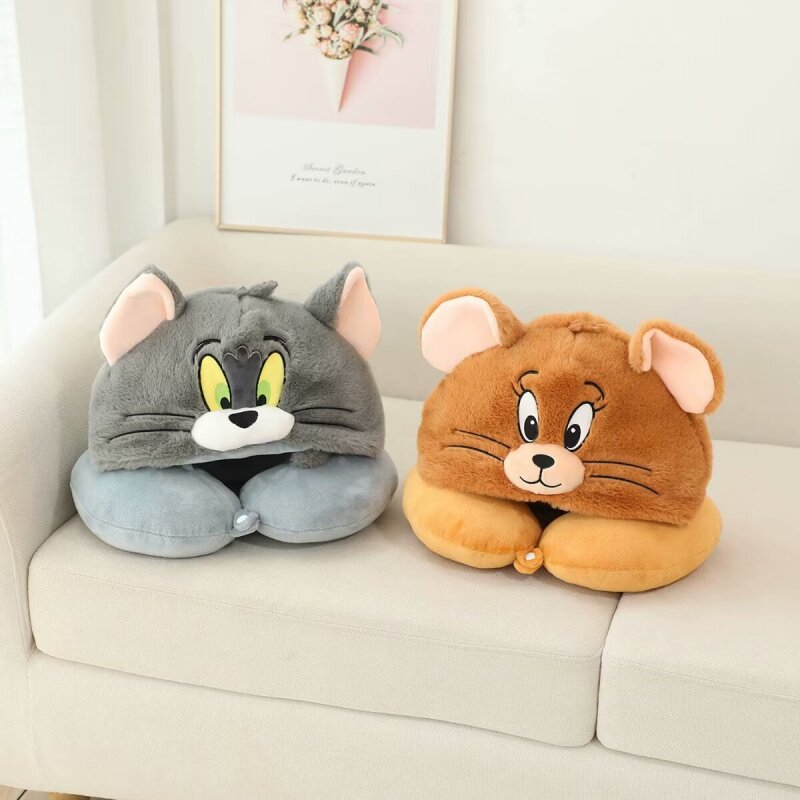 卡通猫和老鼠可爱毛绒连帽U型枕办公室午睡枕车载出差护颈枕图片