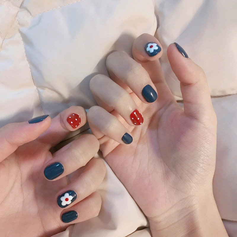 泫雅红蓝花 网红穿戴甲新娘款甲片假指甲贴片美甲成品