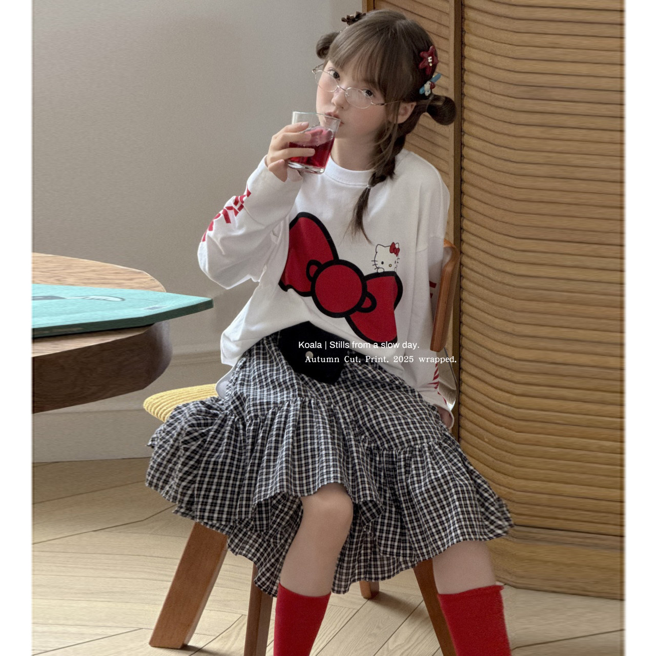 潮牌koala大蝴蝶结T恤+格子大裙